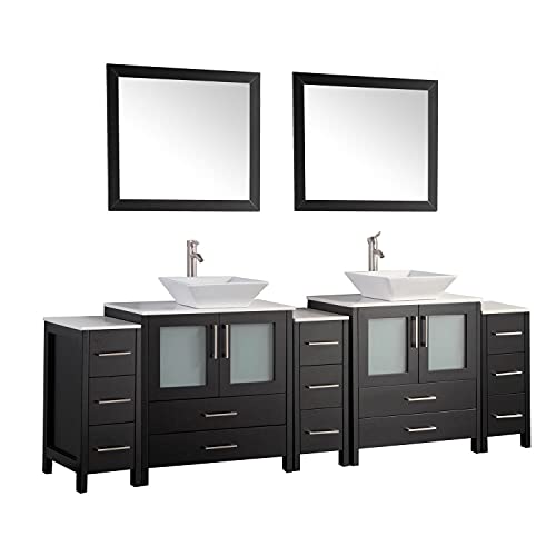 Vanity Art 96 Inch Vessel Double Sink Bathroom Vanity Cabinet with 2 Mirrors, Engineered Marble Top Bathroom Cabinet Compact Set with 13 Dovetail Drawers, Soft Closing Doors, VA3130-96-E - color: Espresso, size: 96