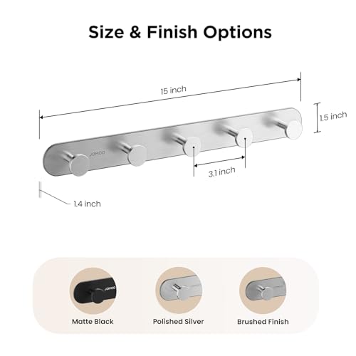 JOMOO Robe Hook, 2 Pack Adhesive Wall Hooks for Bathroom, Stainless Steel Towel Hooks with 5 Hooks Each, No Drill Shower Hooks Heavy Duty 11LBS, Brushed - color: Brushed