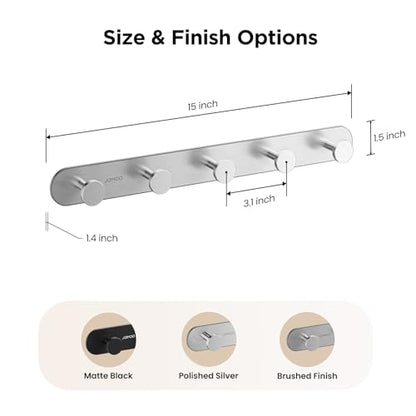 JOMOO Robe Hook, 2 Pack Adhesive Wall Hooks for Bathroom, Stainless Steel Towel Hooks with 5 Hooks Each, No Drill Shower Hooks Heavy Duty 11LBS, Brushed - color: Brushed