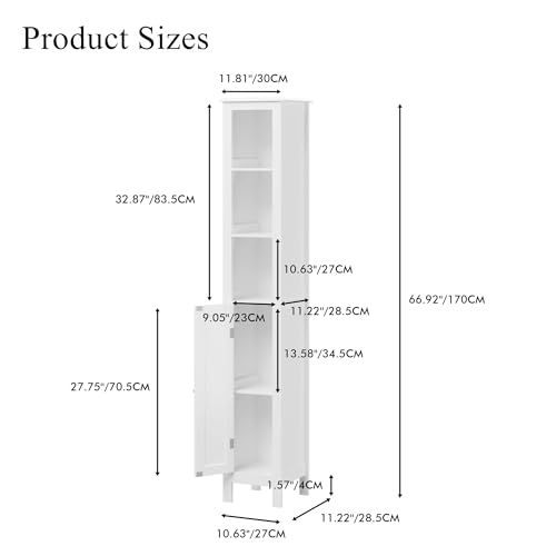 66.9" White Tall Bathroom Storage Cabinet, Slim Freestanding Narrow Linen Tower with 1 Door, Adjustable Shelves, Open Compartments & Anti-Tip Design for Small Spaces, Bathroom, Living Room