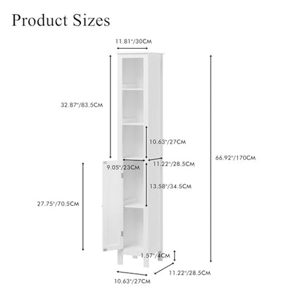 66.9" White Tall Bathroom Storage Cabinet, Slim Freestanding Narrow Linen Tower with 1 Door, Adjustable Shelves, Open Compartments & Anti-Tip Design for Small Spaces, Bathroom, Living Room