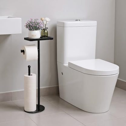 Free Standing Toilet Paper Holder Stand with Phone Shelf, Holds 5 Paper Rolls, Black Tissue Roll Holder for Bathroom, Sturdy Engough for Potted Plants