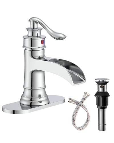 Bathroom Faucet Chrome Waterfall Bathroom Sink Faucets with Single Handle | Rustic Vanity Farmhouse RV Faucet Suitable for 1 or 3 Holes with Pop-up Drain Deck Plate Hose by Homevacious - color: Chrome