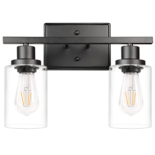 Ascher 2-Light Wall Sconces, Modern Vanity Light Fixture Black Finish, Wall Light with Clear Glass Shade for Mirror Hallway Bedroom, E26 Base (Bulbs Not Included) - color: Black, size: 2 Light