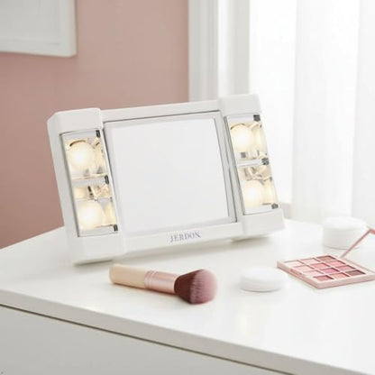 JERDON Lighted Makeup Mirror with 3X Magnification - White - J1010 | Two-Sided 6" x 6" Square Frame, Glare-Free Lighting