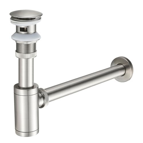 Bathroom Basin Sink Waste P-Trap Drain Kit, Adjustable Bottle Trap with Pop Up Drain Stopper with Overflow, Brushed Nickel