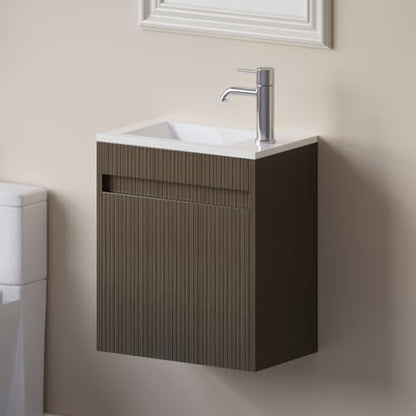 wonline 16" Small Bathroom Vanity Sink Combo Modern Wall Mounted Floating Cabinet W/Resin Basin Sink Top, Chrome Water Save Faucet & Pop Up Drain - color: Brown Wood Grain