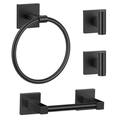 Towel Ring Set 4 Piece Bathroom Hardware Set Includes Towel Ring 2 Towel Hooks and Toilet Paper Holder Stainless Steel Wall Mounted (Matte Black) - color: Matte Black, size: Set D