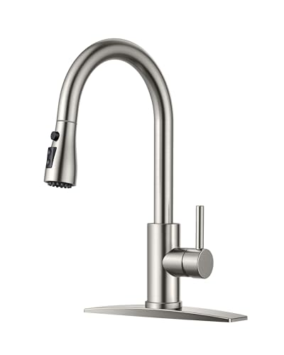 FORIOUS Kitchen Faucets, Pull Down Sprayer, Stainless Steel, Brushed Nickel | High Arc Single Handle, Traditional 3 Modes Bar Sink Faucet with Deck Plate for 1 or 3 Hole, Suitable for Farmhouse Rv Camper - color: Stainless Steel, style: Traditional