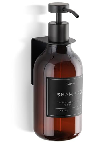 Shower Shampoo Dispenser Wall Mounted – Refillable 16.9 oz Amber Bottle with Stainless Steel Pump & No-Drill Adhesive Holder – Soap Dispenser for Bathroom (1 X Amber/Black) - color: 1 X Amber/Black