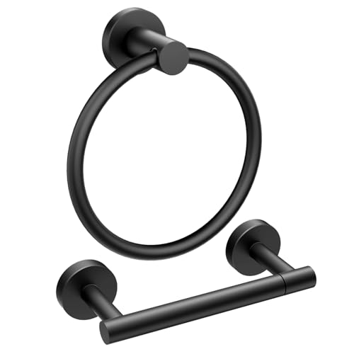 FORIOUS Toilet Paper Holder and Towel Ring Set, Bathroom Accessories Set | Matte Black | Double Post Pivoting Toilet Paper Holder Wall Mounted and Hand Towel Ring | SUS304 Stainless Steel | Round - color: Matte Black, size: Classic