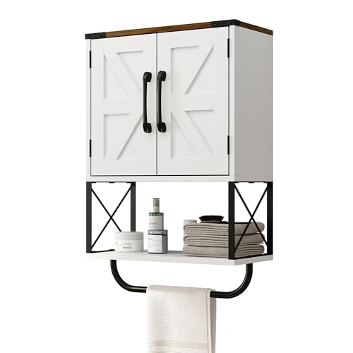 RUSTOWN Farmhouse Medicine Cabinet with 2 Barn Door, Bathroom Wall Cabinet | Dark Brown Top, Adjustable Shelf, Towel Bar, 3-Tier Rustic Wood Wall Mounted Cabinet for Bathroom, Living Room, Kitchen - color: White and Walnut