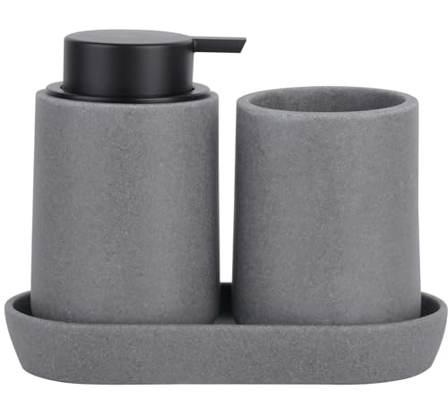Clasin Home Grey Bathroom Accessories Set, 3 Pcs Resin Bathroom Accessories Complete Set, Sandstone Look Soap Dispenser with Large Pump, Toothbrush Cup, Soap Dish for Modern Home Decor and Kitchen