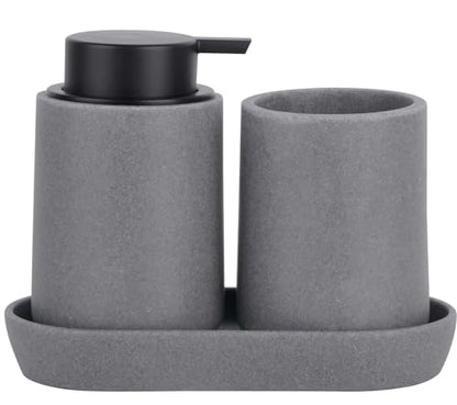 Clasin Home Grey Bathroom Accessories Set, 3 Pcs Resin Bathroom Accessories Complete Set, Sandstone Look Soap Dispenser with Large Pump, Toothbrush Cup, Soap Dish for Modern Home Decor and Kitchen