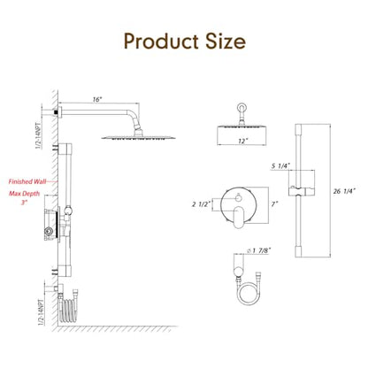 Gabrylly Shower System, Slide Bar Shower Faucet Set, 12", Brushed Nickel | Rainfall Shower Head with 5-Setting Handheld Spray, Wall Mounted Shower Set Included 2-Way Shower Valve and Trim Kit - color: Brushed Nickel, size: 12 Inch