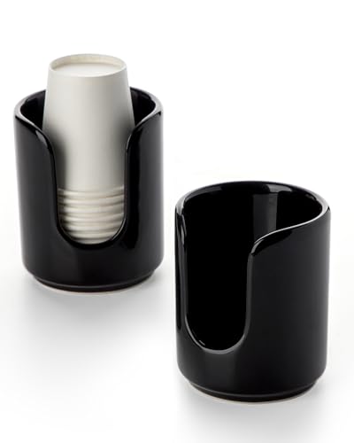 3 oz Original Ceramic Bathroom Cup Dispenser, (2 Pack, Black) | With 5 PLA Paper Cups, Bathroom Essential Accessories for Mouthwash Holder on Bathroom Vanity Countertops - color: Black, size: 2 Pack