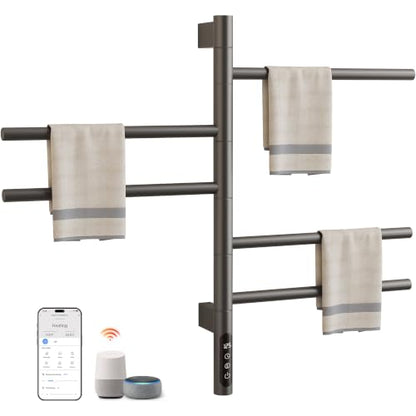 Smart Rotating Heated Towel Rack, 5-Bar Wall-Mounted, Gray | Electric Towel Warmer with Swivel Bars, Wi-Fi App Control, 24H Timer, Stainless Steel, IPX5, Hardwired/Plug-in - color: Gray 16.34"x26.77"