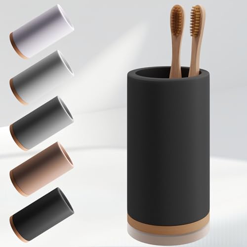 Matani Bamboo Toothbrush Holder Diatomite Tooth Brush Organizer - Storage Stand for Small Bathroom & Counter - Removable Base & Drain Holes, Water-Absorbent & Quick-Drying (Black) - color: Black