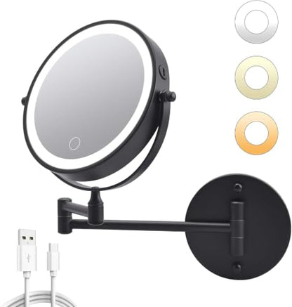 Wall Mounted Makeup Mirror with Lights, 8" Rechargeable 1X/10X Magnifying Mirror, 360° Swivel Extendable Arm, 3 Color LED (1, Black) - color: Black