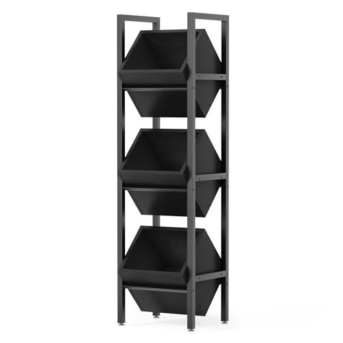 LITTLE TREE 3-Tier Basket Stand, Wooden Floor Stand Shelving Unit, Rustic Standing Organizer Storage Rack for Kitchen, Bathroom, Living Room (Black) - color: Black, size: 3-Tier