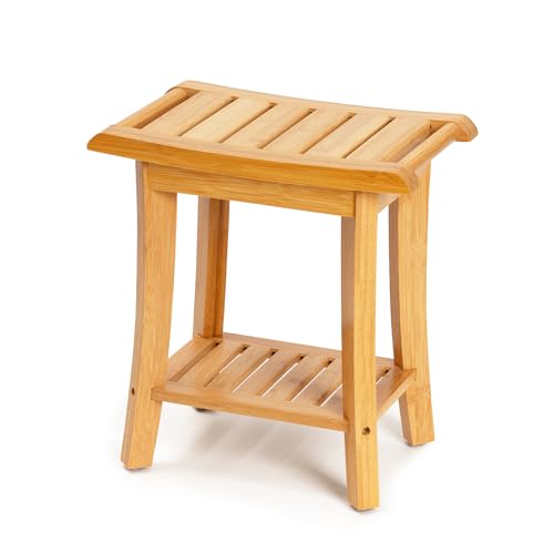 Unibambou Bamboo Shower Bench Inside Shower Stool with Storage Shelf, Spa Bath Chair for Bathroom, Seat or Organizer for Living Room, Bedroom and Garden - Great for All Ages Elderly (Small, Natural) - color: Natural, size: Small 16x10x17 Inch