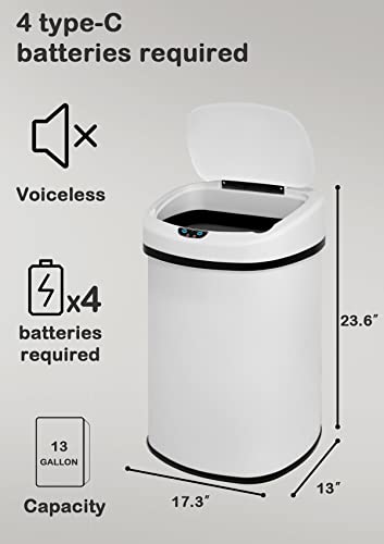 13 Gallon/50 L Kitchen Trash Can with Lid, Stainless Steel Garbage Can with Touch-Free Lid, Cute Trash Can Automatic Trash Can Bathroom Trash Can with Lid, Motion Sensor Trash Can Brushed Finish - color: White
