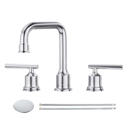 WOWOW Chrome Bathroom Faucet 3 Hole, Widespread Vanity Sink Faucets 8 Inch | Copper Inlet Faucet for Bathroom Sink with Swivel Spout, Two Handles Lavatory Tap with Drain and cUPC Supply Line - color: Chrome, style: Upgrade-8 Inch