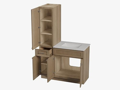 45" Bathroom Vanity with Linen Storage Tower, Carrara Quartz Top and Ceramic Sink, Left or Right Side Option, Solid Wood Frame, 46" x 22" x 72" (Natural Oak, Left Tall Cabinet) - color: Natural Oak