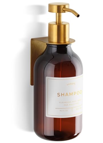 Shower Shampoo Dispenser Wall Mounted – Refillable 16.9 oz Amber Bottle with Stainless Steel Pump & No-Drill Adhesive Holder – Soap Dispenser for Bathroom (1 X Amber/Gold) - color: 1 X Amber/Gold