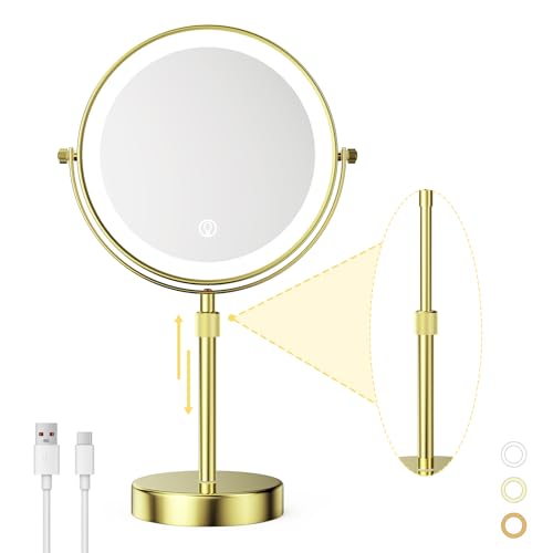 Nicesail 8" Rechargeable LED Magnifying Makeup Mirror, Shiny Gold 1X 10X | 3 Color Lights, 10X Magnification, Height Adjustable Stand up Lighted Magnifying Mirror, Double Sided 360° Rotation - color: Shiny Gold