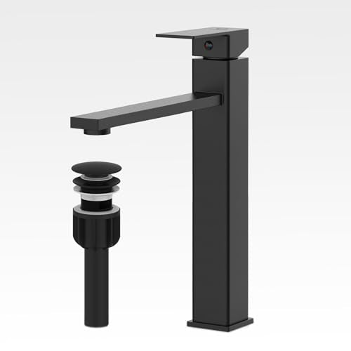 Bathroom Faucets, Matte Black Bathroom Faucet with Pop-up Drain and 2 Supply Hoses, Single Hole High Barrel Vanity Faucet for Vessel Sink, Single Handle Stainless Steel RV Faucet - color: 1.Matte Black, style: Tall