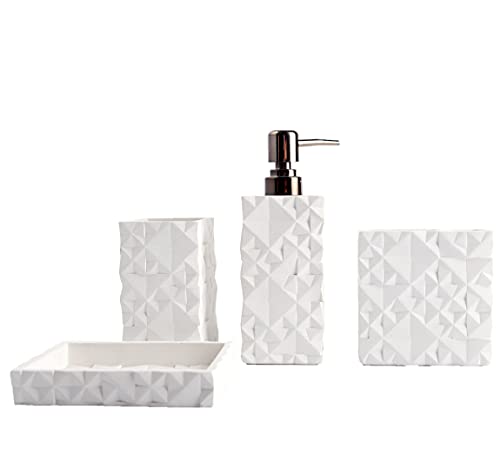 Hymmah Bathroom Accessories Set,Toothbrush Holder,Farmhouse Bathroom Decor,4 Pcs Resin Gift Set Apartment Necessities, Contain Toothbrush Cup,Soap Dispenser,Soap Dish,Tumbler - color: White Diamond Pattern