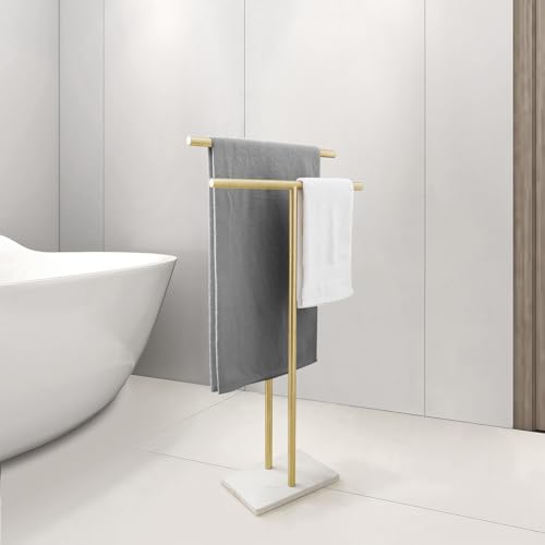 40 Inch Standing Towel Rack for Bathroom Floor Double-T Shape Bath Sheet Holder with Marble Design Base Towel Rack Freestanding Next to Tub or Shower Towel Holder Stand SUS304 Brushed Gold - color: Brushed Gold