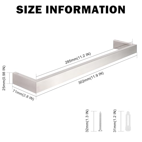 Livabber Square Bath Towel Bar, 304 Stainless Steel Towel Rack, Heavy Duty Towel Holder Wall Mounted for Bathroom Accessories, Kitchen, Brushed Nickel (12 Inch) - size: 12 Inch