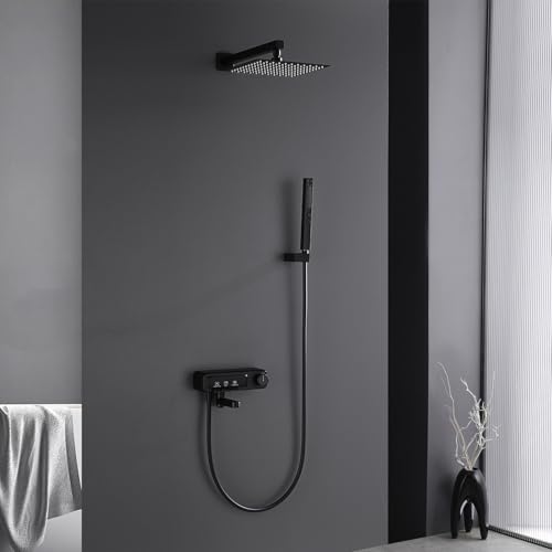 Rainfall Showerhead and Handle Set, 10" Bathroom Shower System, 3 Functions Wall Mounted Shower Faucet Complete Combo Solid Brass with Foldable Tub Spout Modern Bathtub Faucet Shower Trim Kit - color: Matte Black