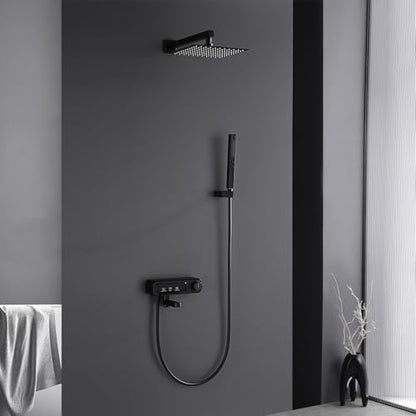 Rainfall Showerhead and Handle Set, 10" Bathroom Shower System, 3 Functions Wall Mounted Shower Faucet Complete Combo Solid Brass with Foldable Tub Spout Modern Bathtub Faucet Shower Trim Kit - color: Matte Black