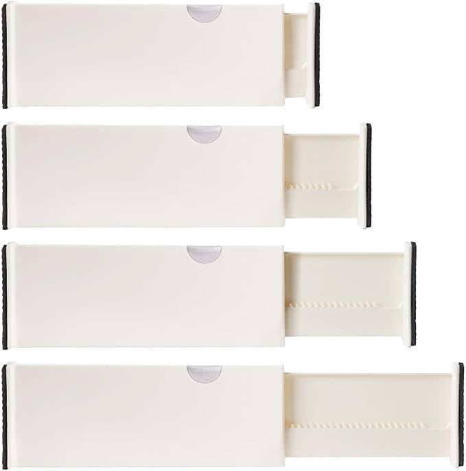 4 Adjustable Drawer Dividers, Organize Silverware and Utensils in Home Kitchen, Divider for Clothes in Bedroom Dresser, Designed to Not Snag Underwear and Bra Fabrics, Bathroom Storage Organizers - size: 4" Tall, 11"-17" Long, 4 Pack