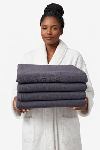 Waffle Weave and Zero Twist Terry Bath Towel, Dark Grey, 100% Cotton, 36x72 Inches Best for Beaches 4 Pieces Hotel and Good for Body Rap