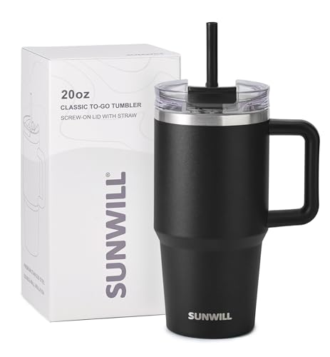 SUNWILL 20 oz Tumbler with Handle and Straw Leak Proof,Travel Coffee Mug with Lid, Stainless Steel Cup Insulated for Office & Gym, Cupholder Friendly, Powder Coated Black - color: Powder Coated Black, size: 20 Ounces
