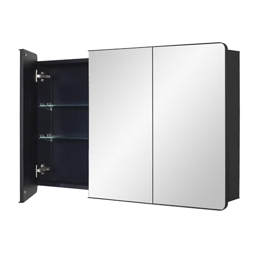 Black Bathroom Medicine Cabinet with Round Corner Framed Door, 40 x 25.5 inch, Recessed or Surface Mount, with Adjustable Glass Shelves - size: 40 x 25.5 inch