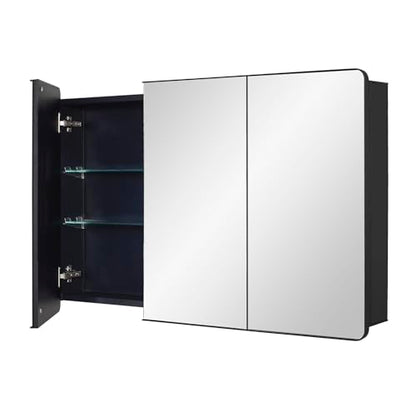 Black Bathroom Medicine Cabinet with Round Corner Framed Door, 40 x 25.5 inch, Recessed or Surface Mount, with Adjustable Glass Shelves - size: 40 x 25.5 inch