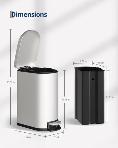 Garvee 2.6 Gallon / 10L Metal Bathroom Trash Can with Lid, Slim Step-On Bin with Soft-Close, Removable Inner Bucket & Rear Handle, Waterproof, White - color: Creamy White, size: 2.6 Gallons
