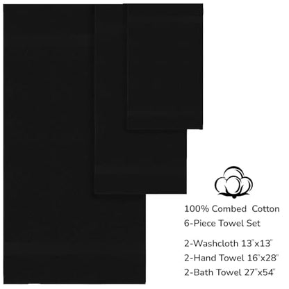 Feather & Stitch 100% Cotton 625 GSM Bath Towel Set of 6, Ultra Soft Highly Absorbent 2 Bath Towels, 2 Hand Towels & 2 Washcloth - Luxury Quick Dry Shower Towels (Black) - color: Black