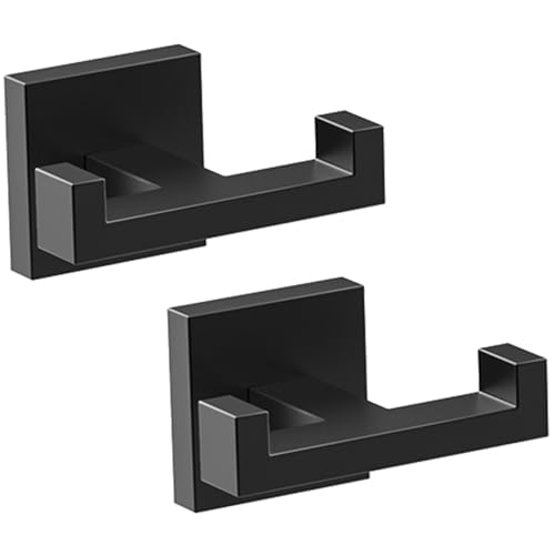 BOZWELL Double Towel Hooks for Bathroom Matte Black Wall Mount，2 Pack Modern Square Style Coat Robe Hook，Stainless Steel Heavy Duty Door Hanger for Bathroom Bedroom Kitchen Hotel Pool 1502-B-2 - color: Matte Black, size: 2 Double Hooks