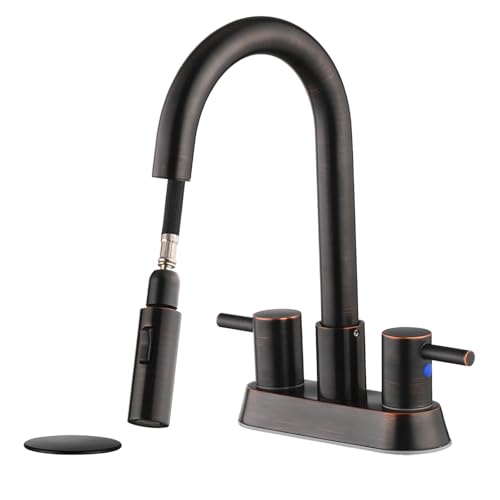 Oil Rubbed Bronze Bathroom Faucet with Pull Out Sprayer, Dual-Function Spout Bronze Bathroom Sink Faucets, 4 Inch Two Handle Utility Sink Faucet with Sprayer 3 Hole, Easy Pet Shower, RVs - color: Oil Rubbed Bronze