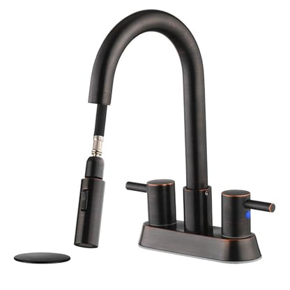 Oil Rubbed Bronze Bathroom Faucet with Pull Out Sprayer, Dual-Function Spout Bronze Bathroom Sink Faucets, 4 Inch Two Handle Utility Sink Faucet with Sprayer 3 Hole, Easy Pet Shower, RVs - color: Oil Rubbed Bronze
