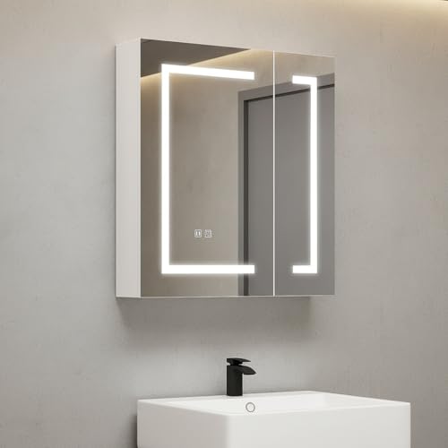 LED Medicine Cabinet with Mirror 2 Door Lighted Medicine Cabinet with Defogger, Bathroom Mirror Cabinet Wall Mounted with Storage,3 Light Colors, US Plug 23.6x25.6Inch - size: 24x26