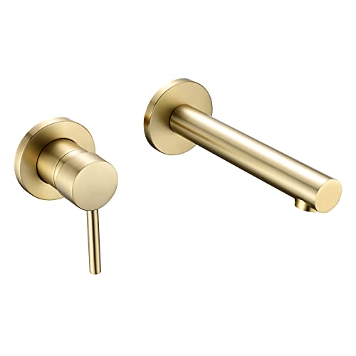 SUMERAIN Bathroom Basin Faucet Wall Mount Left-Handed Single Handle | 2 Holes, with Brass Rough in Valve, Brushed Gold Finish - color: Brushed Gold, size: Left-Handed