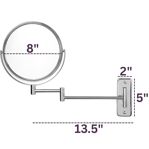 JERDON Wall-Mounted Makeup Mirror - 5X Magnification - Chrome - JP7506CF | 8" Round Frame, 13.5" Wall Extension Arm - color: Chrome, size: 5X Magnification