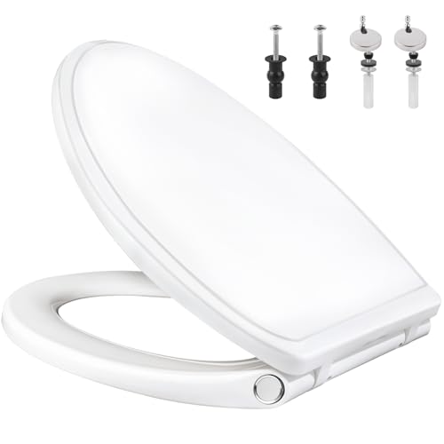 Universal Elongated/Oval Toilet Seat Soft-Close Cover, 4 PCS Toilet Bolts | White, One-Click Quick Release, Elongated Toilet Seat Replacement with Toilet Bumpers, Compatible with TOTO, Gerber, Kohler - style: 18.5" Elongated with 2 Sets of Bolts